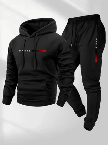 PARIS Letter Print Sweatshirt Suit Men's Fleece Hoodie Pants Set Spring Autumn Winter Warm Casual Sports Pullover Trousers Sets